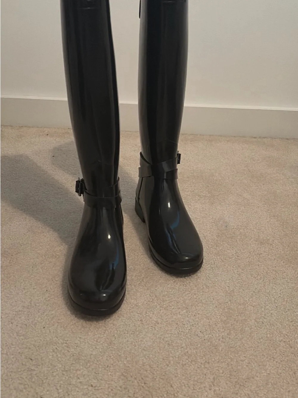 Hunter Black Gloss Over-the-Knee Rain Boots with Buckle